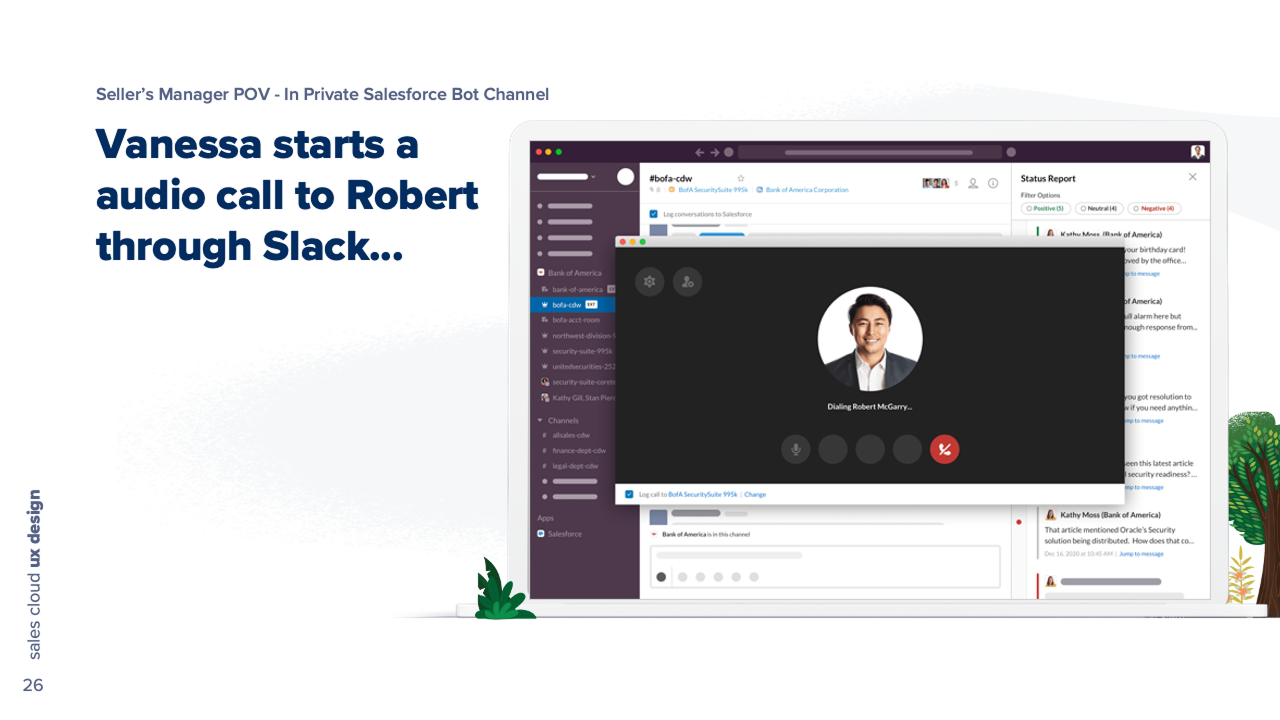 The manager starts an audio call to the rep from inside Slack rather than switching tools, with the call set to log against the deal.